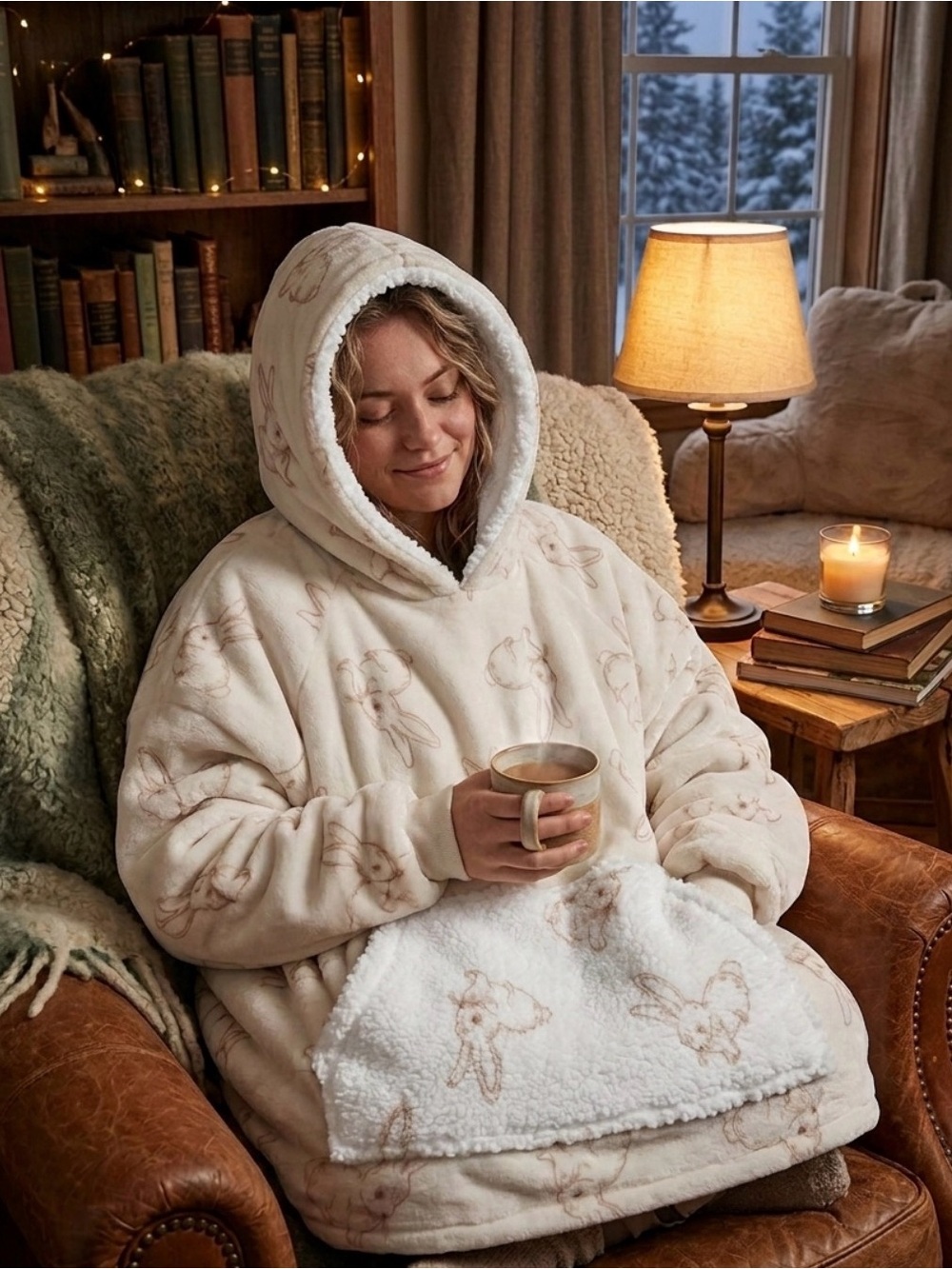 🐰Beautiful La Vie en Rose Over Sized White Plush Hoodie with Bunny Print🐰
